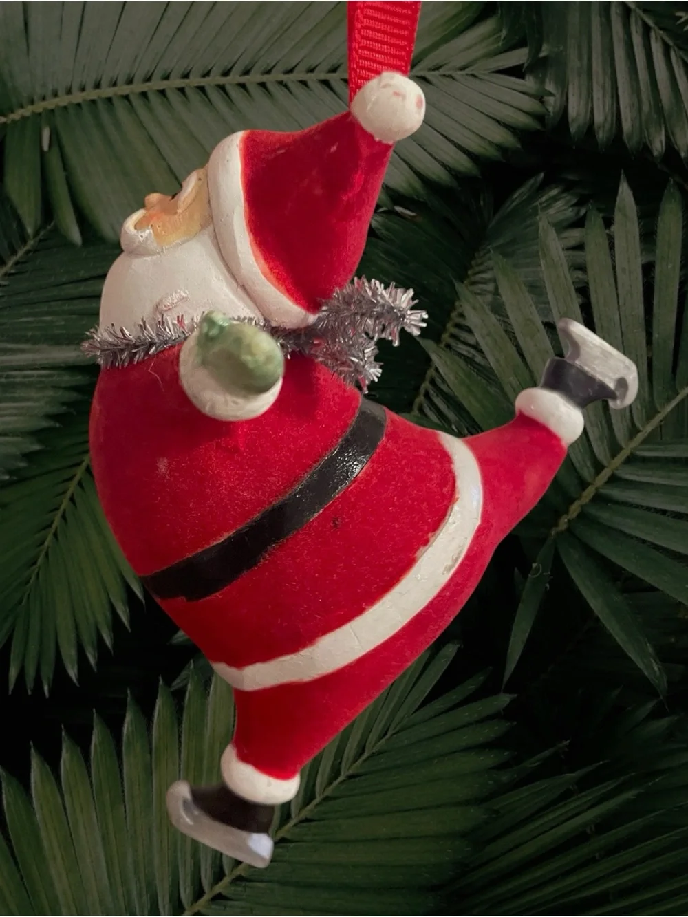 Ice Skating Flocked Santa Christmas Ornament